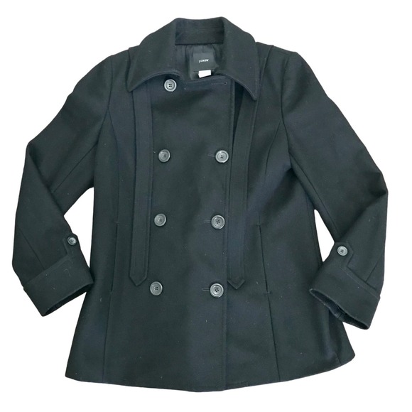 J.Crew Black Wool Classic Double Breasted Pea Coat Jacket Size 8 Preppy Nautical - Picture 2 of 14